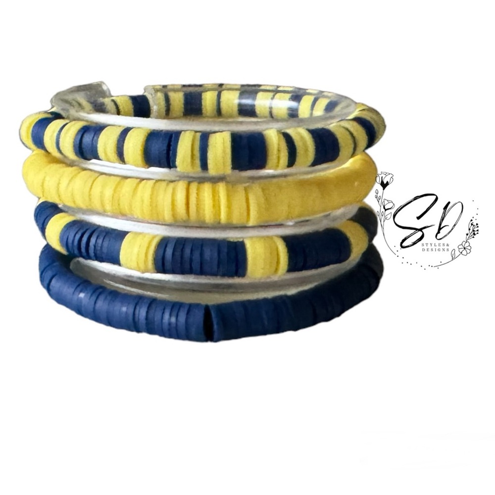 Blue and Yellow clay bracelets perfect for mixing and matching, 7 inches